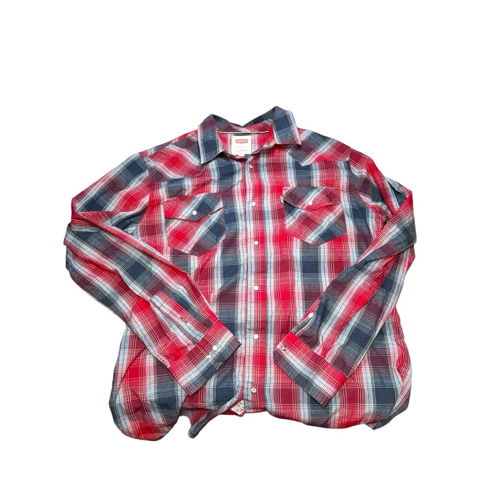 Levi modern men's button-down‎ shirt pearl snap plaid Size Large Red And Black